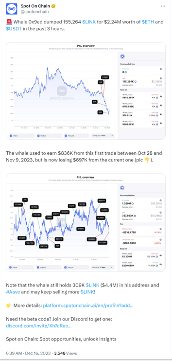 Crypto Whale Sells 155,264 $LINK, Sparks Market Analysts' Attention