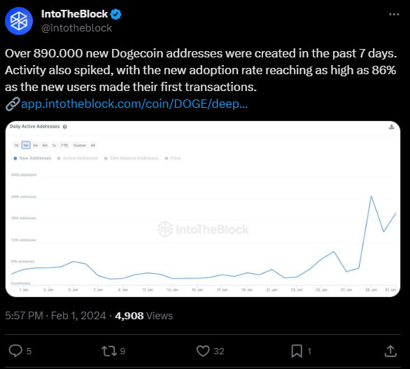 Dogecoin's Network Activity Surges with 890,000 New Addresses in a Week